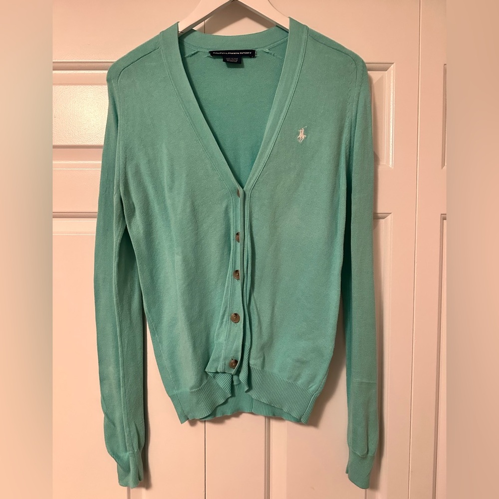 Ralph Lauren Sport Vintage Cotton Cardigan in Light Teal. Size medium.